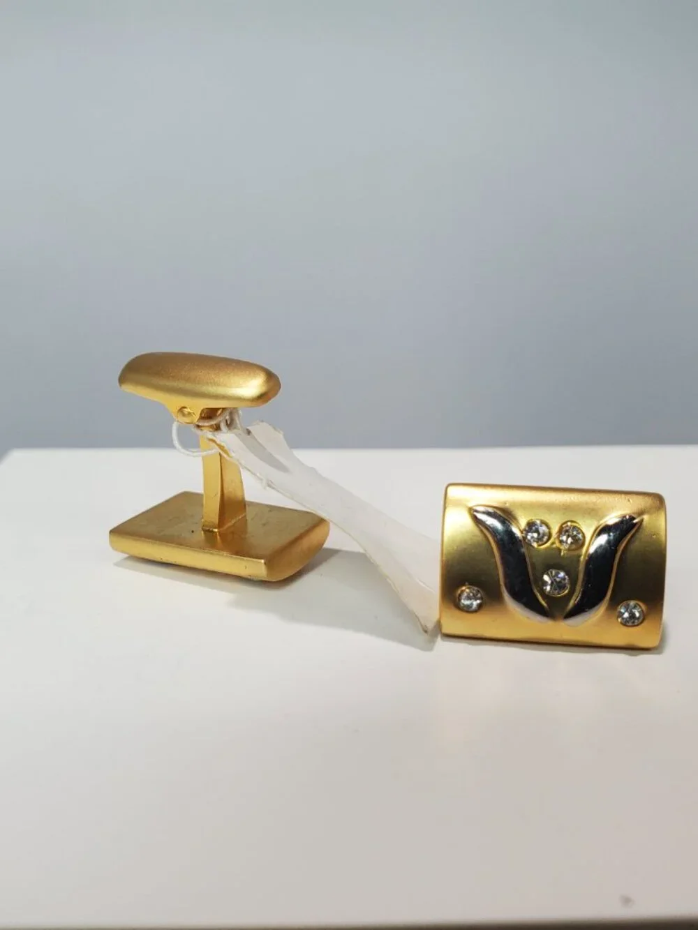 Vintage 14K Gold-Plated Brass with Rhinestones Tie Clip & Cufflinks 3 Pc Set